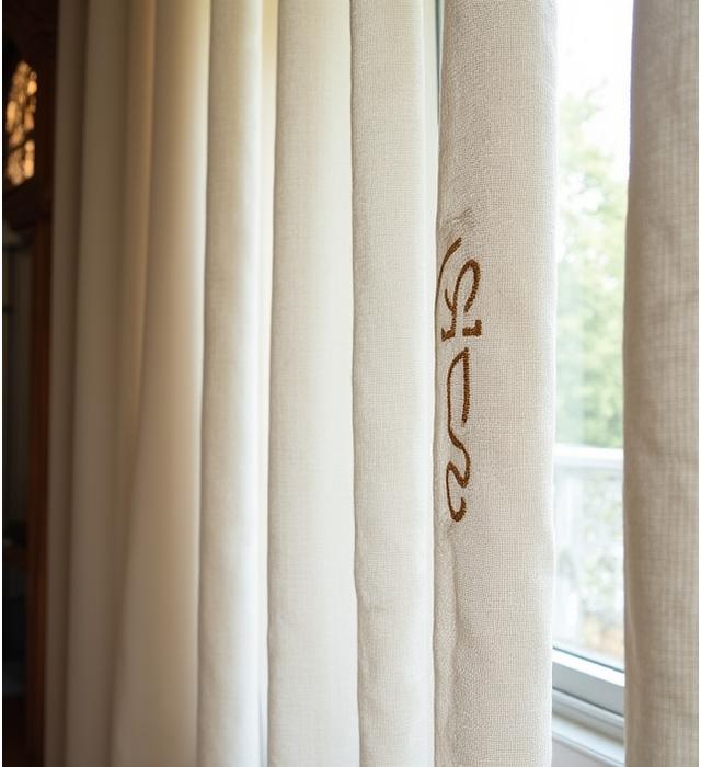 Spesialdesignede gardiner i tykt linstoff med broderte norrøne runer og mønstre.