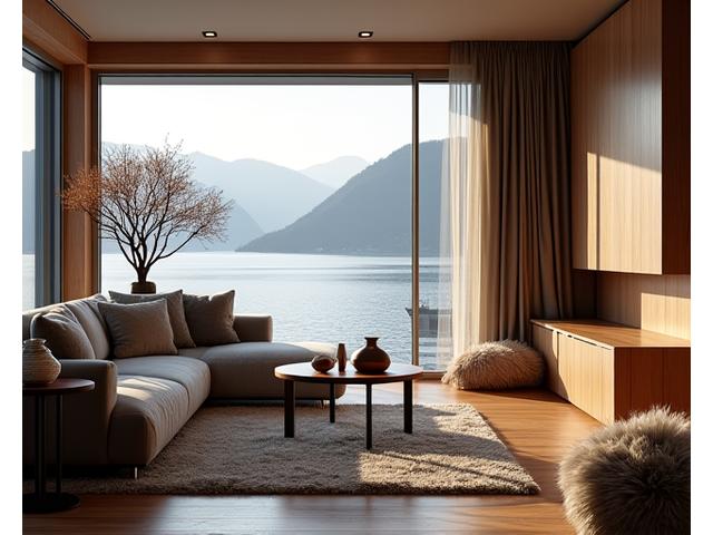 Stueinteriør med Historie Hjem møbler i Bergen, med utsikt over fjorden.