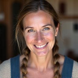 Portrett av Ingrid Bjørnvik, en smilende kvinne med flettet hår
