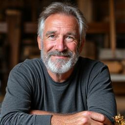Portrett av Lars Eik, en alvorlig mann med skjegg som holder et trestykke