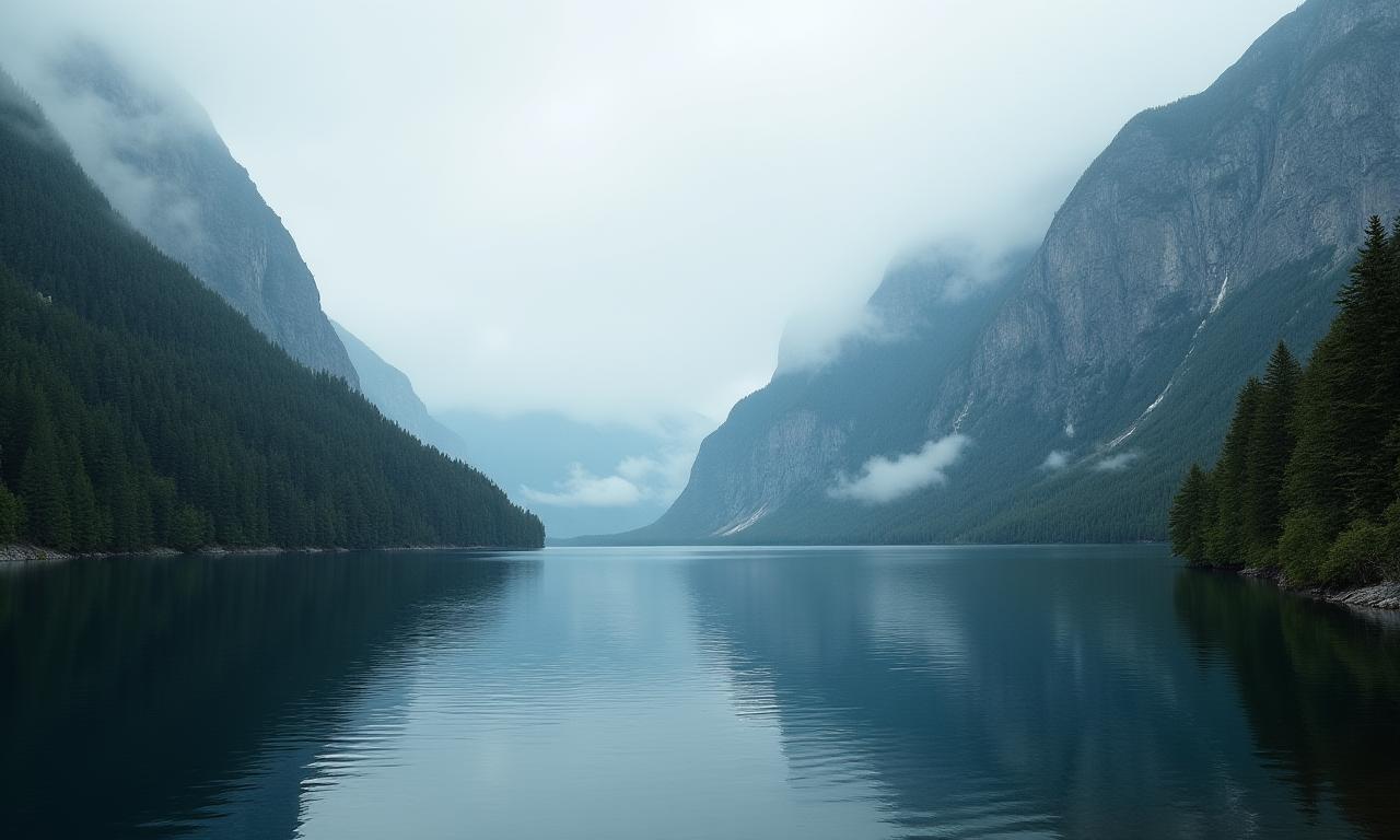 Majestetisk norsk fjord omgitt av tette, grønne skoger og tåke som henger over vannet